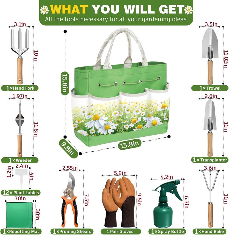 OUREST 22Pcs Garden Tools Set for Women,Heavy Duty Hand Tool Kit with Large Tote Bag/Repotting Mat/Trowel/Rake/Pruner/Gloves/Plant Tags,Gardening Gifts for Mom Gardener Beginner-Green - Image 2